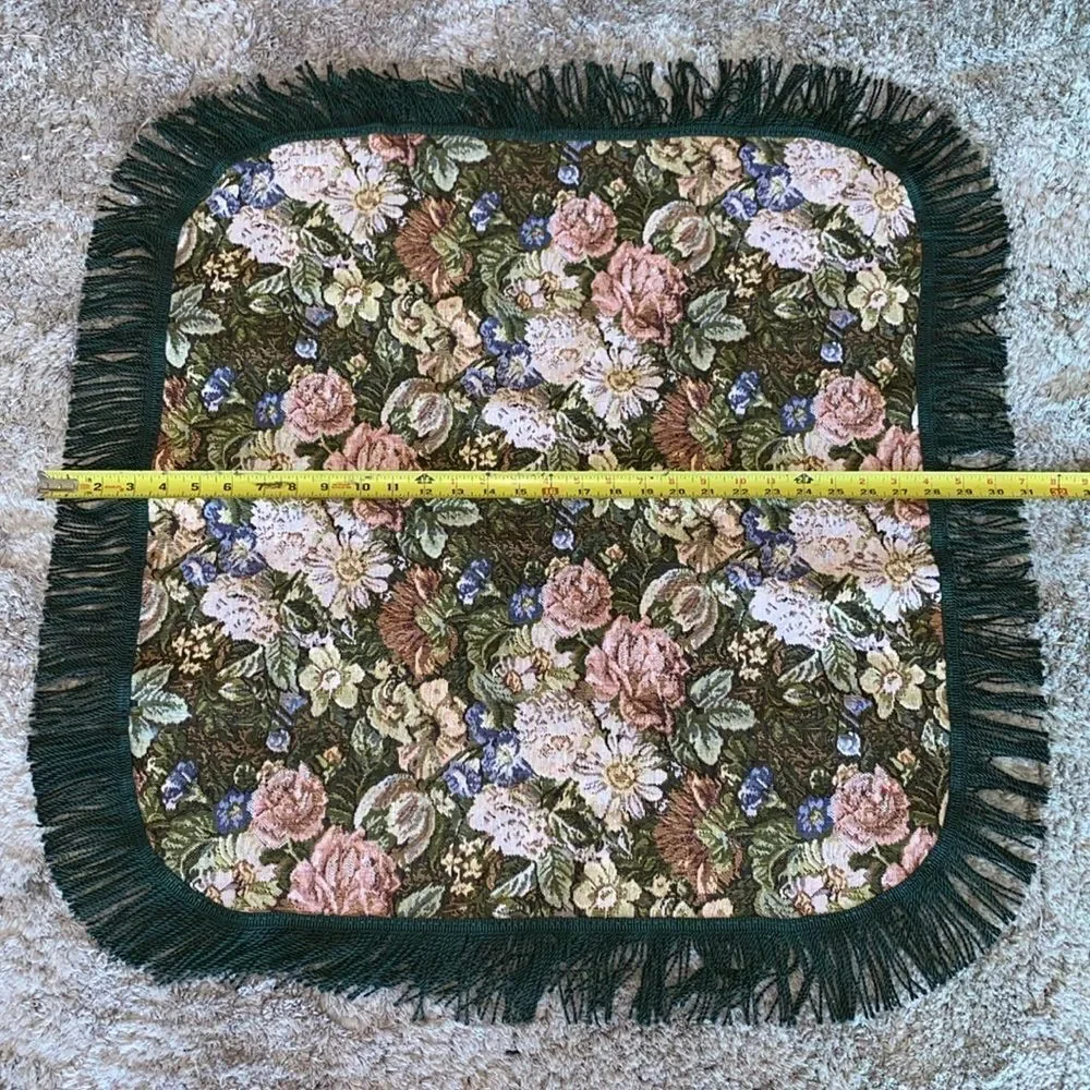 Vintage Square Floral Tapestry Table Doily Green Multi With Twisted Rope Fringe